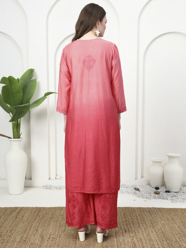 Exclusive Hand Embroidered Chikankari Chanderi Dyeable Co-ord Set - Coral Pink