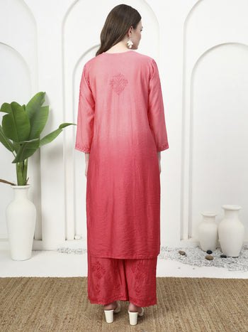 Exclusive Hand Embroidered Chikankari Chanderi Dyeable Co-ord Set - Coral Pink