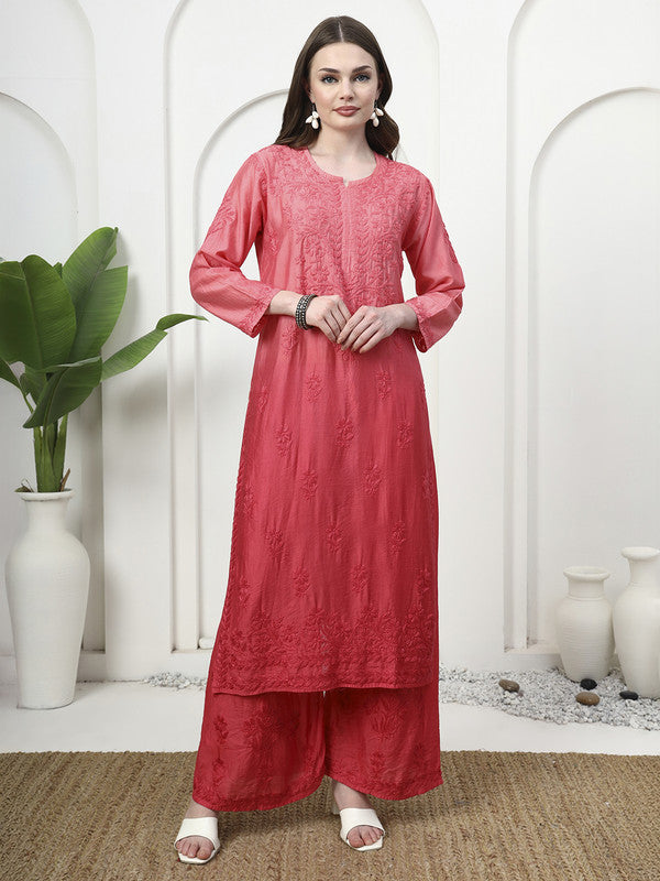 Exclusive Hand Embroidered Chikankari Chanderi Dyeable Co-ord Set - Coral Pink