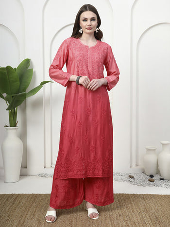 Exclusive Hand Embroidered Chikankari Chanderi Dyeable Co-ord Set - Coral Pink