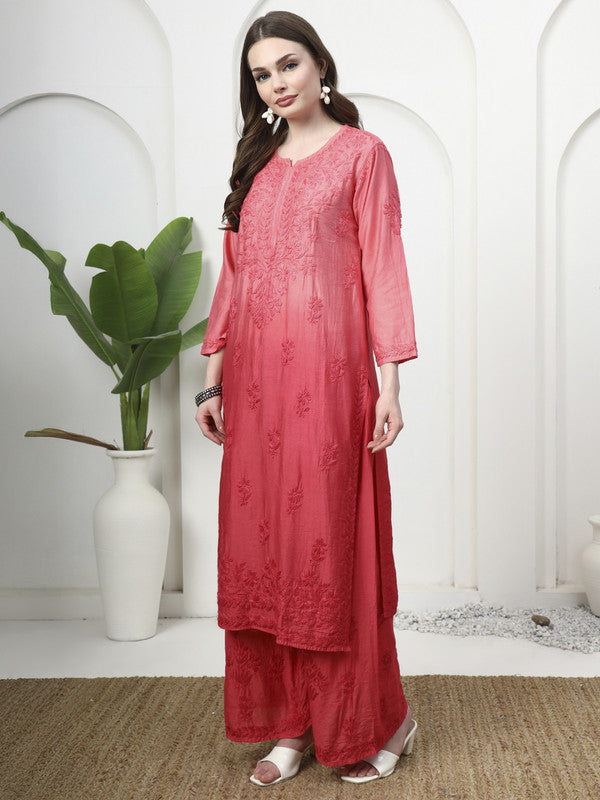 Exclusive Hand Embroidered Chikankari Chanderi Dyeable Co-ord Set - Coral Pink