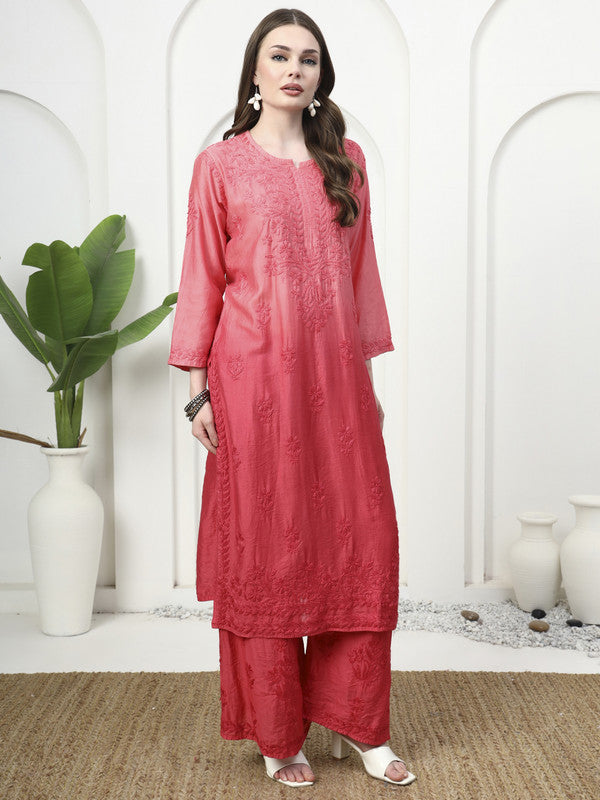 Exclusive Hand Embroidered Chikankari Chanderi Dyeable Co-ord Set - Coral Pink