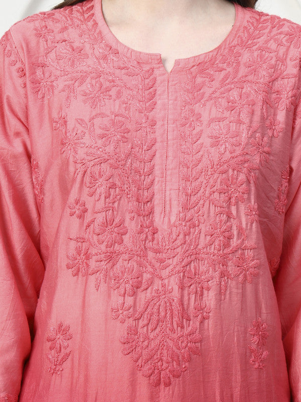 Exclusive Hand Embroidered Chikankari Chanderi Dyeable Co-ord Set - Coral Pink