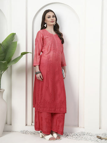 Exclusive Hand Embroidered Chikankari Chanderi Dyeable Co-ord Set - Coral Pink