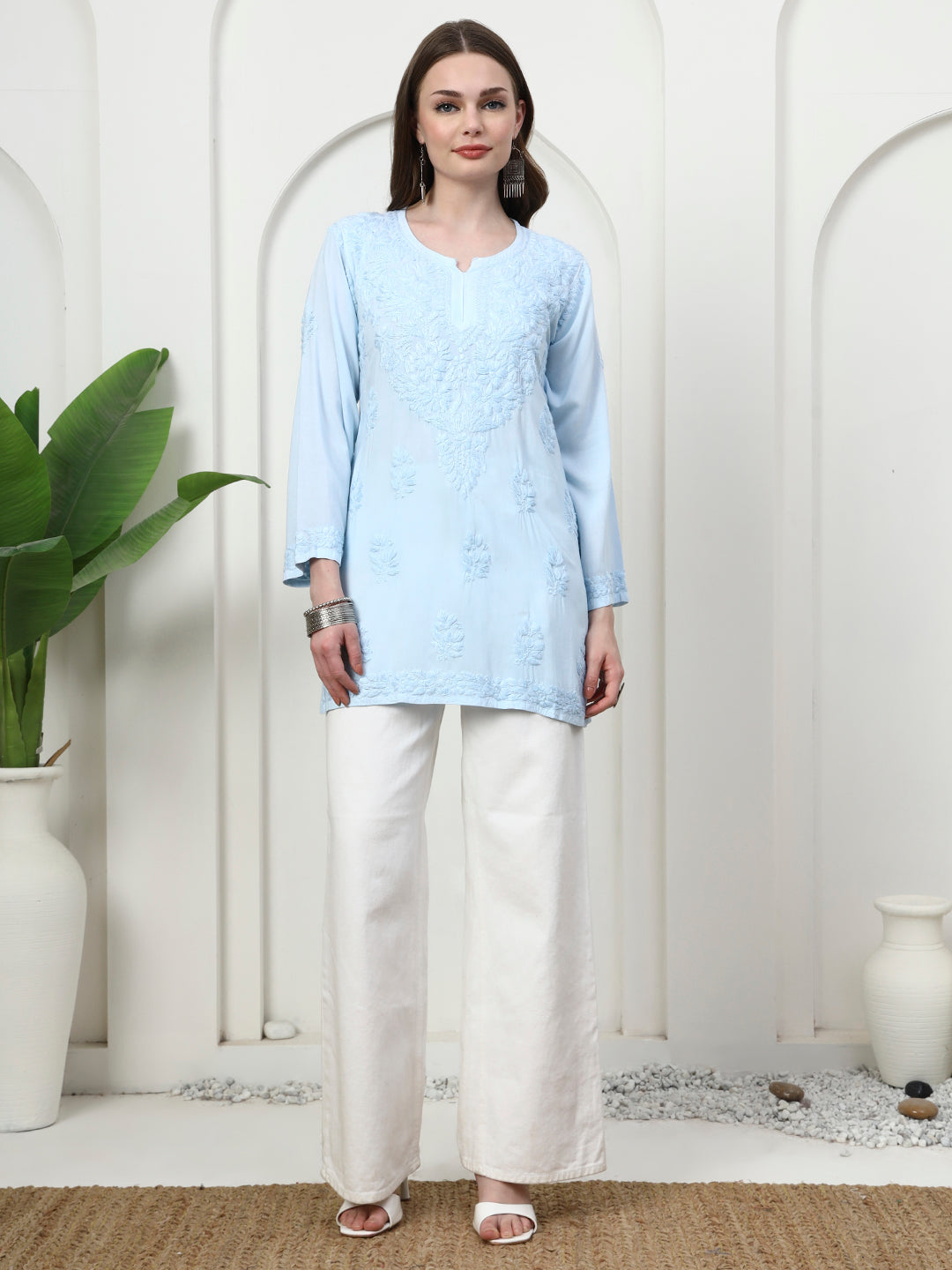 Hand Embroidered Chikankari Rayon Short Kurti - Sky Blue / Size 38