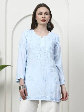 Hand Embroidered Chikankari Rayon Short Kurti - Sky Blue / Size 38