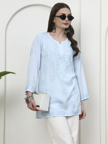 Hand Embroidered Chikankari Rayon Short Kurti - Sky Blue / Size 38