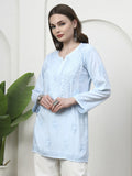 Hand Embroidered Chikankari Rayon Short Kurti - Sky Blue / Size 38