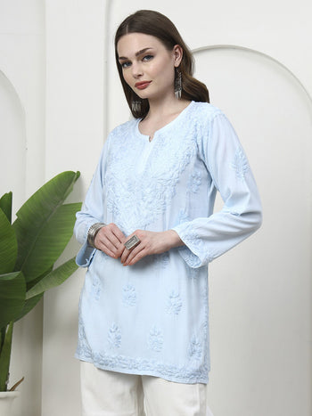 Hand Embroidered Chikankari Rayon Short Kurti - Sky Blue / Size 38