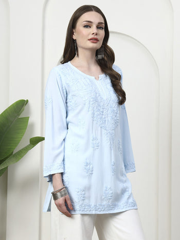 Hand Embroidered Chikankari Rayon Short Kurti - Sky Blue / Size 38