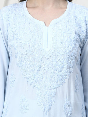 Hand Embroidered Chikankari Rayon Short Kurti - Sky Blue / Size 38