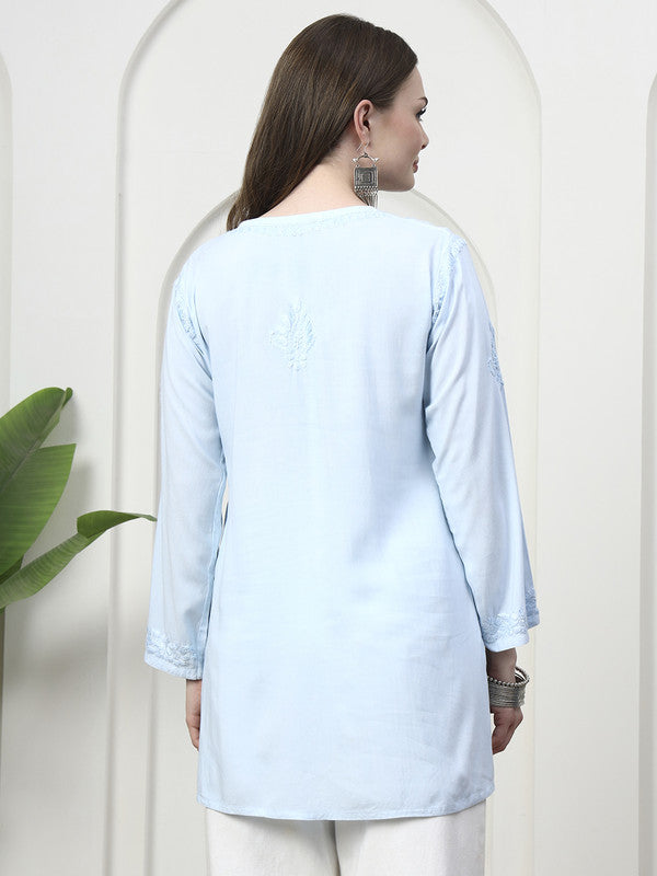 Hand Embroidered Chikankari Rayon Short Kurti - Sky Blue / Size 38
