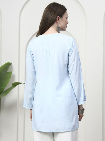 Hand Embroidered Chikankari Rayon Short Kurti - Sky Blue / Size 38