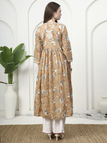 Elegant Printed Mulmul Embroidered A-Line Gown
