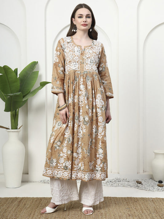 Elegant Printed Mulmul Embroidered A-Line Gown