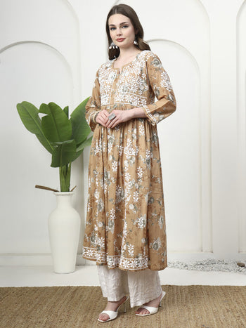 Elegant Printed Mulmul Embroidered A-Line Gown