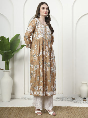 Elegant Printed Mulmul Embroidered A-Line Gown