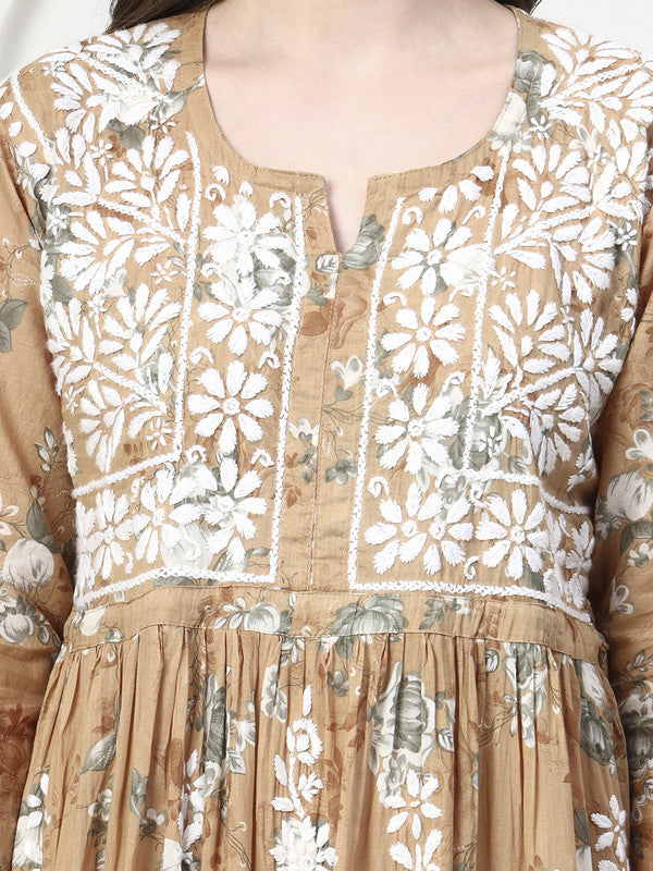 Elegant Printed Mulmul Embroidered A-Line Gown