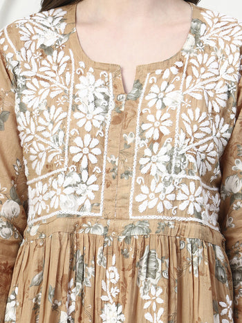 Elegant Printed Mulmul Embroidered A-Line Gown