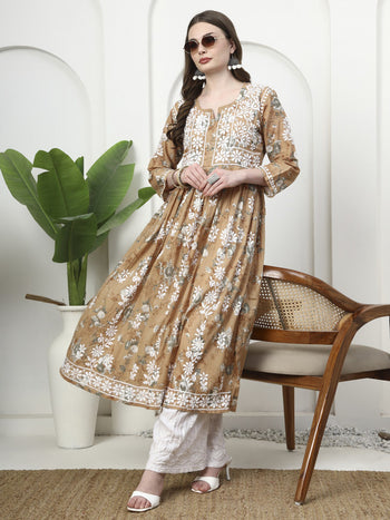 Elegant Printed Mulmul Embroidered A-Line Gown