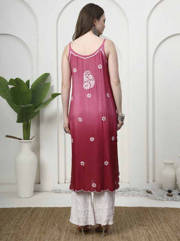 Shiny Muslin Silk 3D Chikankari Sleeveless Kurti