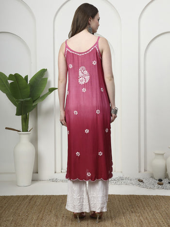 Shiny Muslin Silk 3D Chikankari Sleeveless Kurti