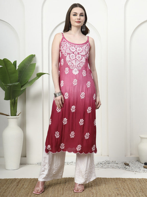 Shiny Muslin Silk 3D Chikankari Sleeveless Kurti