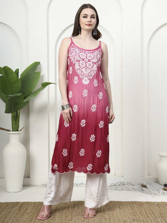 Shiny Muslin Silk 3D Chikankari Sleeveless Kurti
