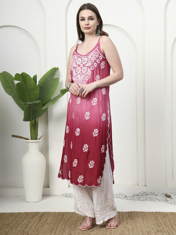 Shiny Muslin Silk 3D Chikankari Sleeveless Kurti