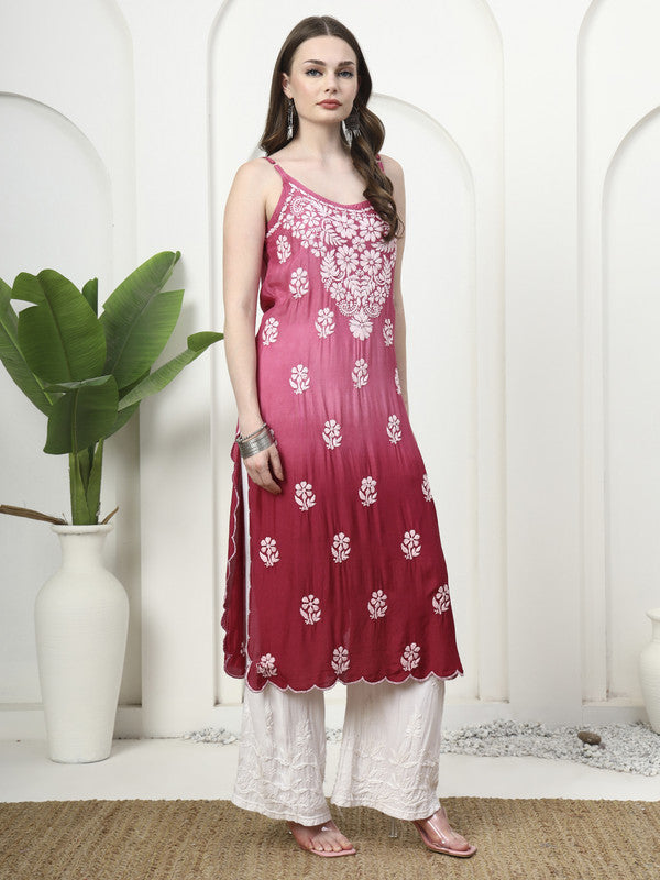 Shiny Muslin Silk 3D Chikankari Sleeveless Kurti
