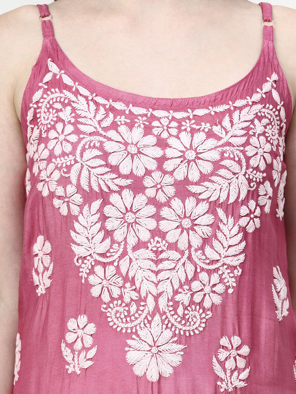 Shiny Muslin Silk 3D Chikankari Sleeveless Kurti