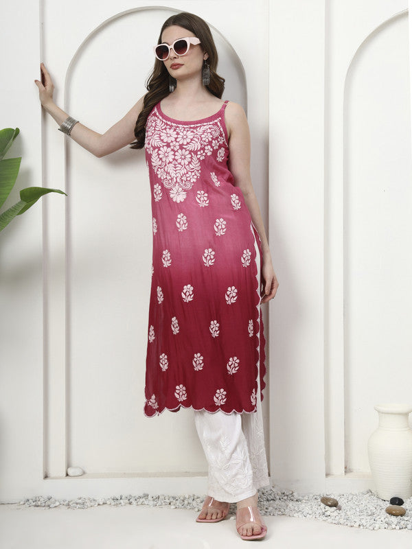 Shiny Muslin Silk 3D Chikankari Sleeveless Kurti