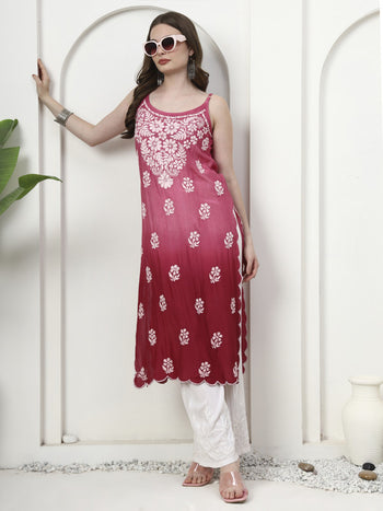Shiny Muslin Silk 3D Chikankari Sleeveless Kurti