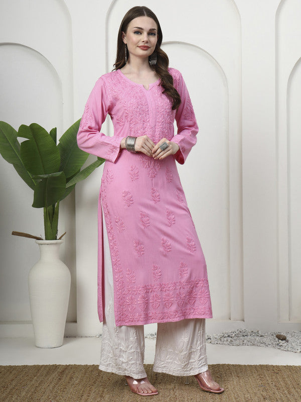 Unique Pink Rayon Kurti with Heavy Border