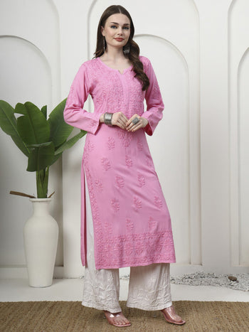 Unique Pink Rayon Kurti with Heavy Border