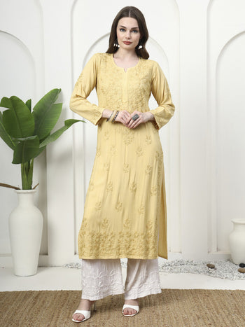 Elegant Yellow Rayon Embroidered Kurti