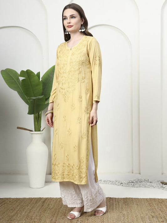 Elegant Yellow Rayon Embroidered Kurti