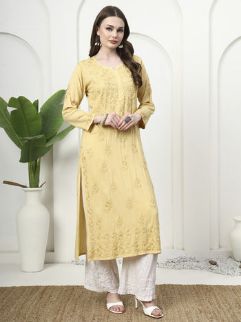 Elegant Yellow Rayon Embroidered Kurti
