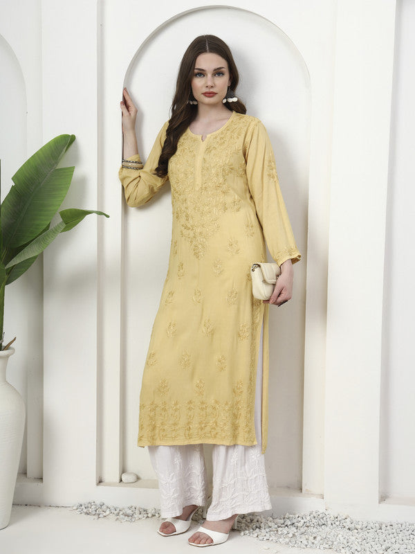 Elegant Yellow Rayon Embroidered Kurti