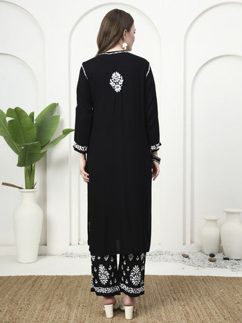Black & White Rayon 3D Embroidered Kurti and Palazzo Set