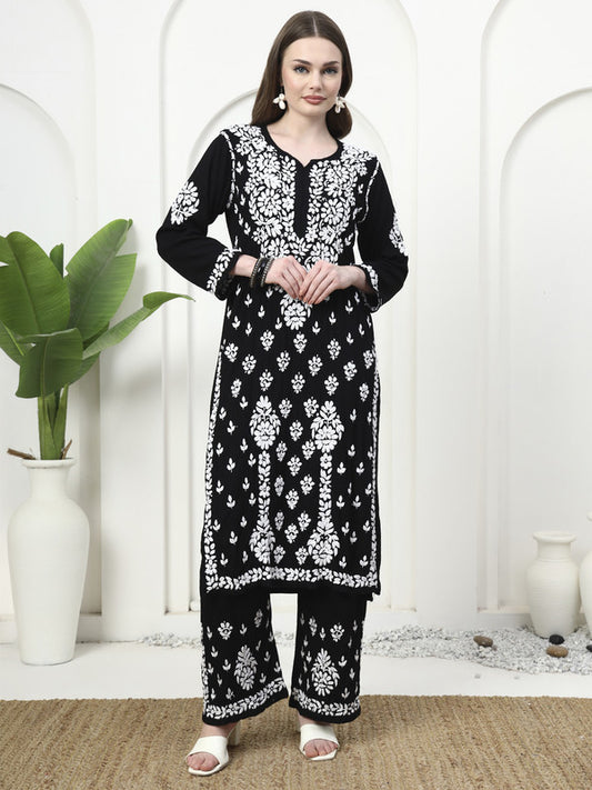 Black & White Rayon 3D Embroidered Kurti and Palazzo Set