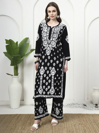 Black & White Rayon 3D Embroidered Kurti and Palazzo Set