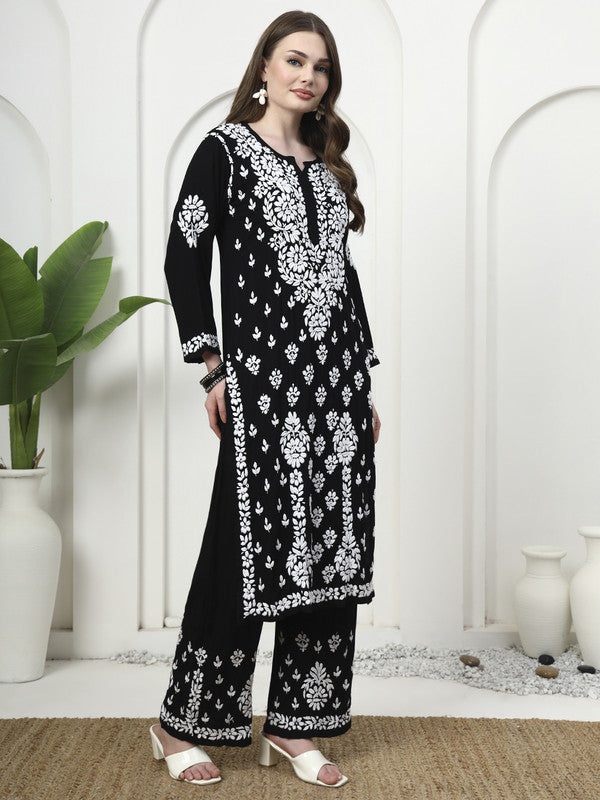Black & White Rayon 3D Embroidered Kurti and Palazzo Set
