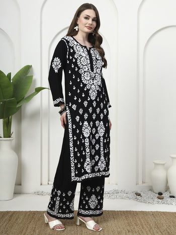 Black & White Rayon 3D Embroidered Kurti and Palazzo Set