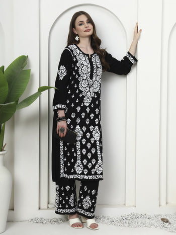 Black & White Rayon 3D Embroidered Kurti and Palazzo Set