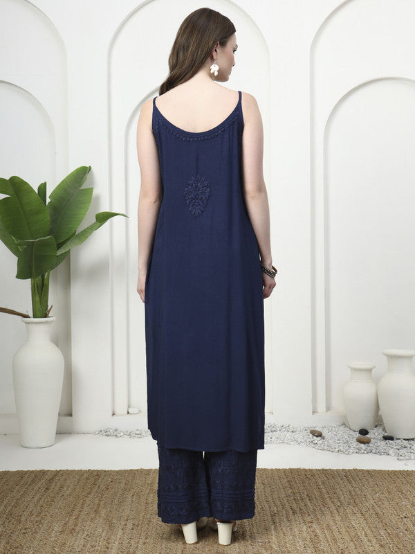 Navy Blue Rayon Noodle Strap Embroidered Kurti and Palazzo Set