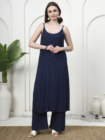 Navy Blue Rayon Noodle Strap Embroidered Kurti and Palazzo Set