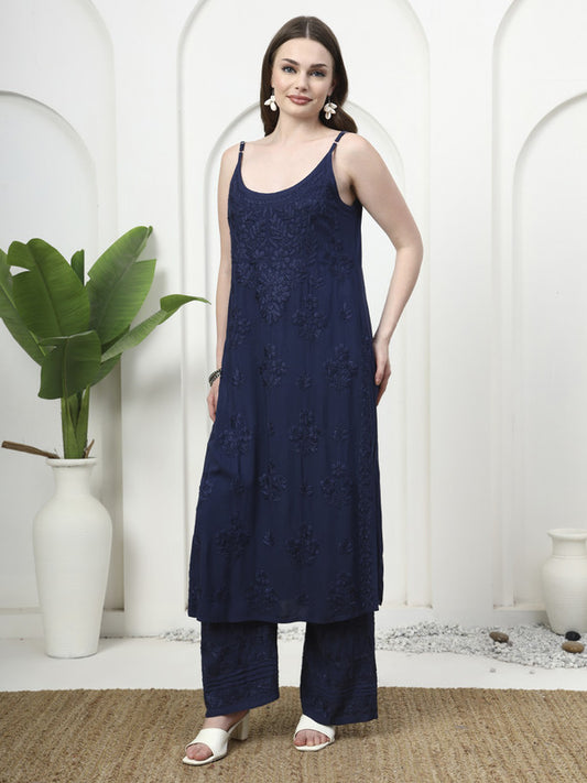 Navy Blue Rayon Noodle Strap Embroidered Kurti and Palazzo Set