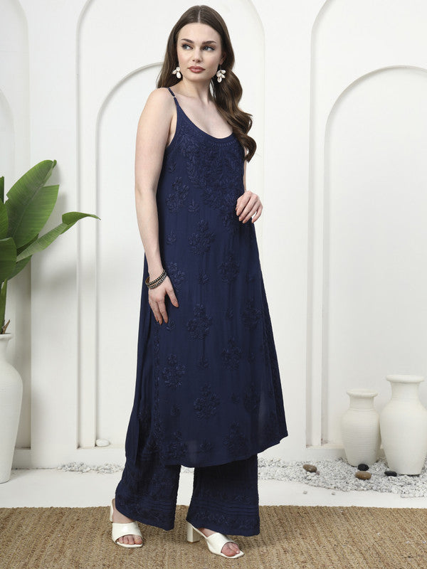 Navy Blue Rayon Noodle Strap Embroidered Kurti and Palazzo Set