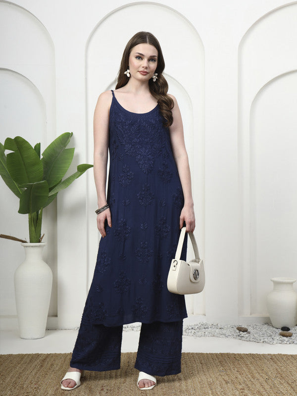 Navy Blue Rayon Noodle Strap Embroidered Kurti and Palazzo Set